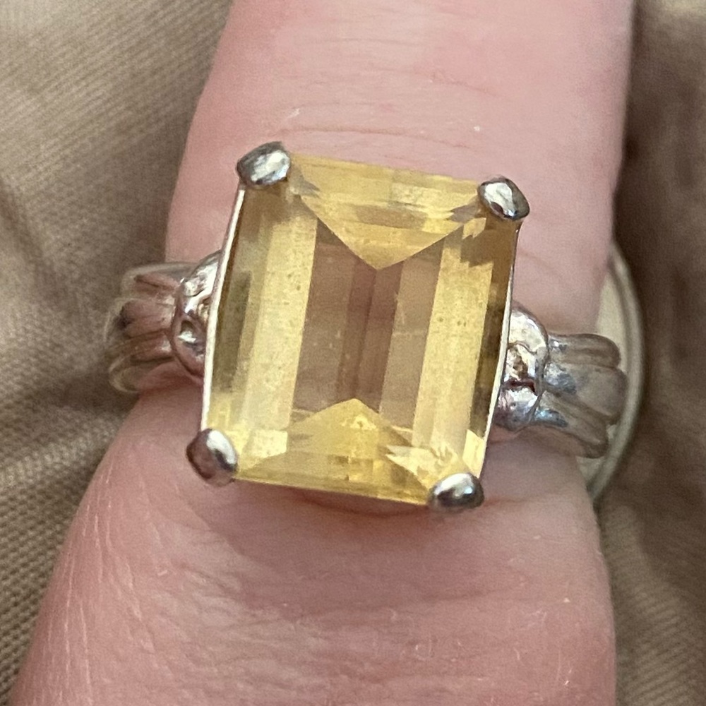 Large vintage lemon quartz rectangle citrine ring in sterling silver sz 8